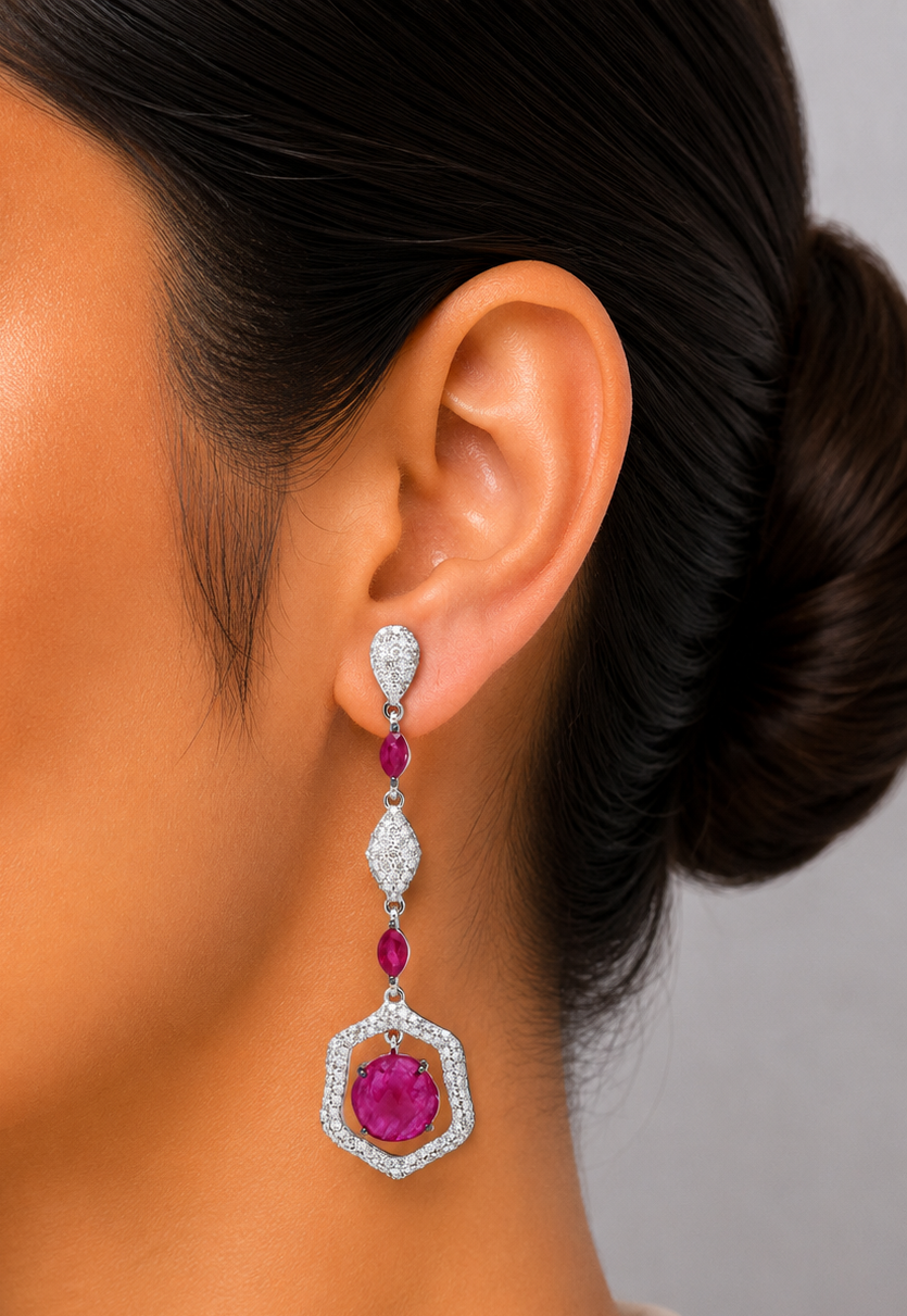 1.76 ct Round Ruby with White Diamond Earrings in 18K Gold