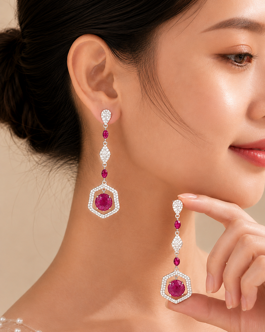 1.76 ct Round Ruby with White Diamond Earrings in 18K Gold