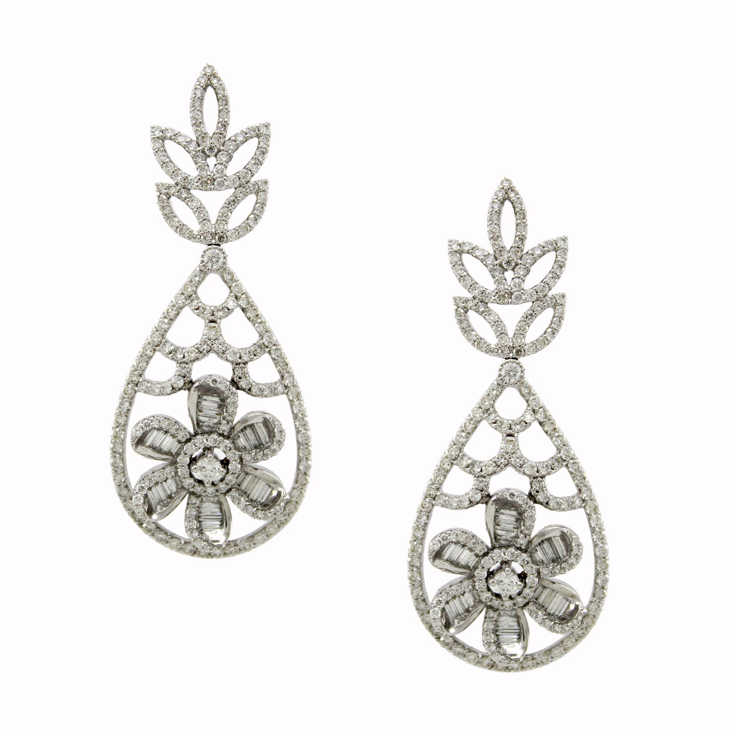 4.3 ct Round White Diamond with Baguette Diamond Earrings in 18K Gold