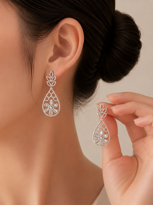 4.3 ct Round White Diamond with Baguette Diamond Earrings in 18K Gold