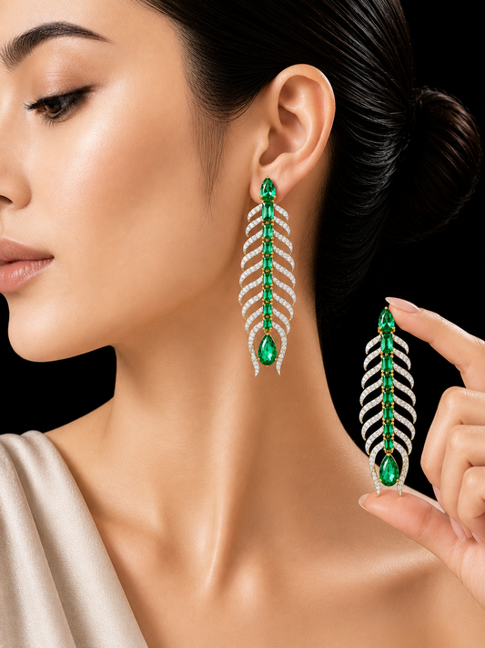 1.64 ct Pear Emerald with White Diamond Earrings in 18K Gold