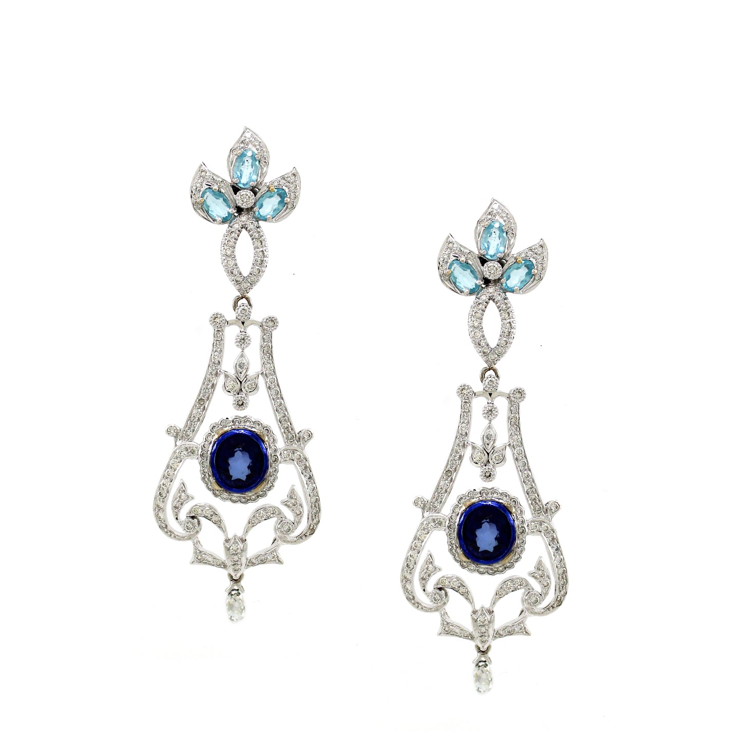 3.05 ct Round White Diamond with Sapphire and Apptite Earrings in 18K Gold