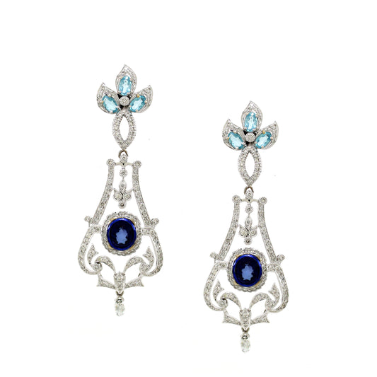 3.05 ct Round White Diamond with Sapphire and Apptite Earrings in 18K Gold