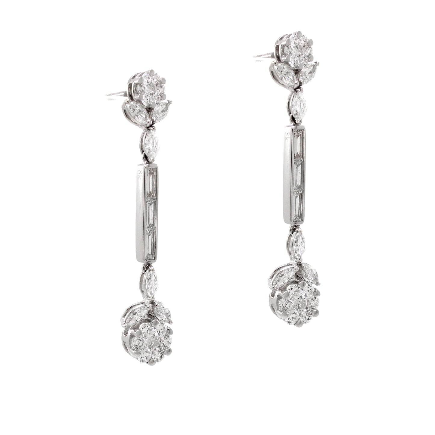 2.65 ct Round White Diamond with Baguette and Marquise Diamond Earrings in 18K Gold