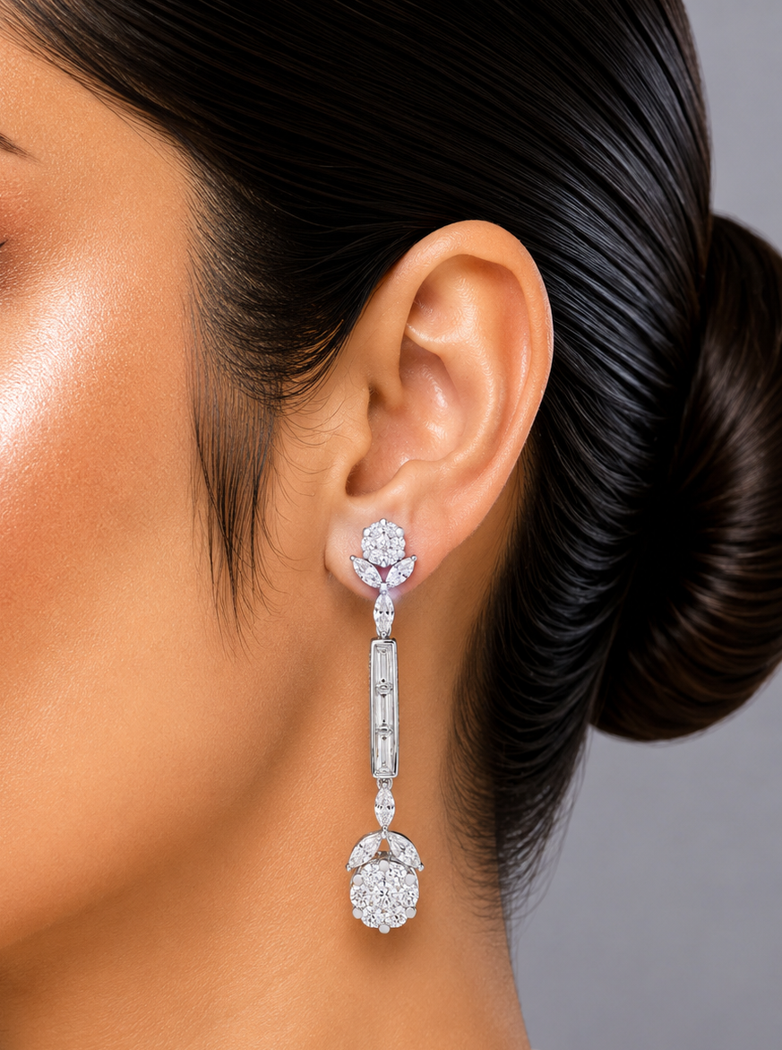 2.65 ct Round White Diamond with Baguette and Marquise Diamond Earrings in 18K Gold