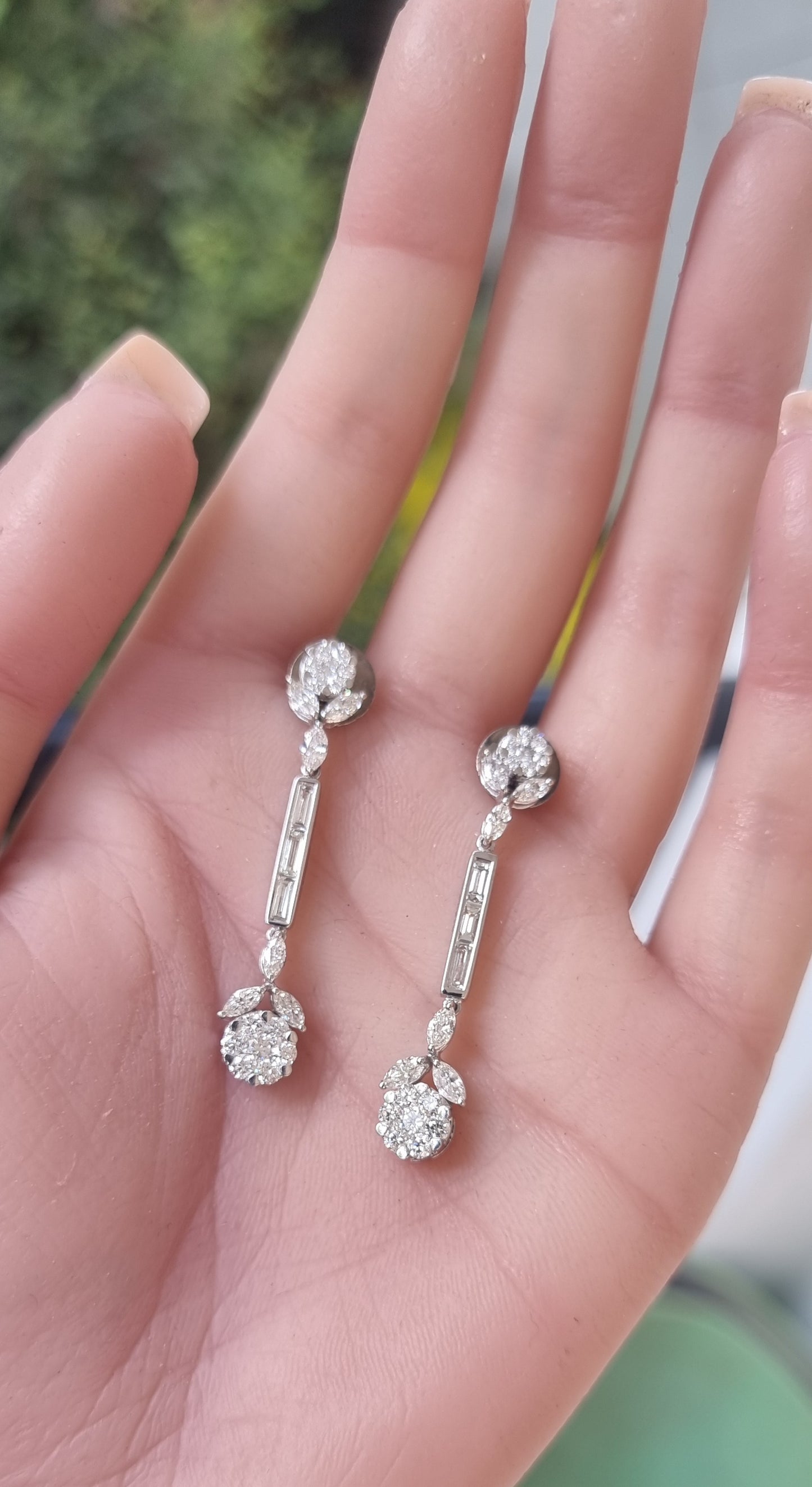 2.65 ct Round White Diamond with Baguette and Marquise Diamond Earrings in 18K Gold