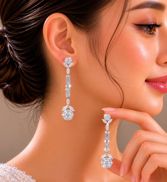 2.65 ct Round White Diamond with Baguette and Marquise Diamond Earrings in 18K Gold