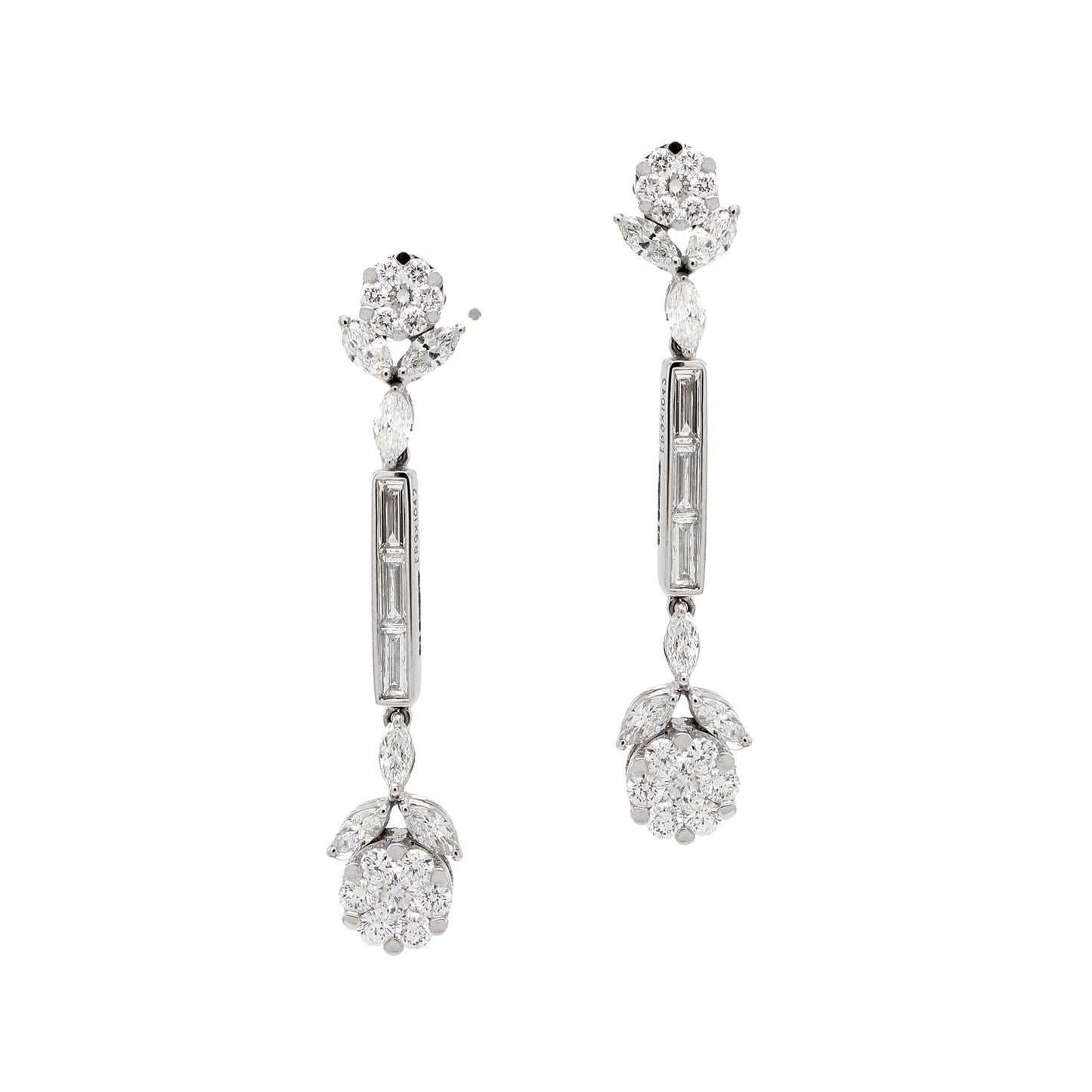 2.65 ct Round White Diamond with Baguette and Marquise Diamond Earrings in 18K Gold