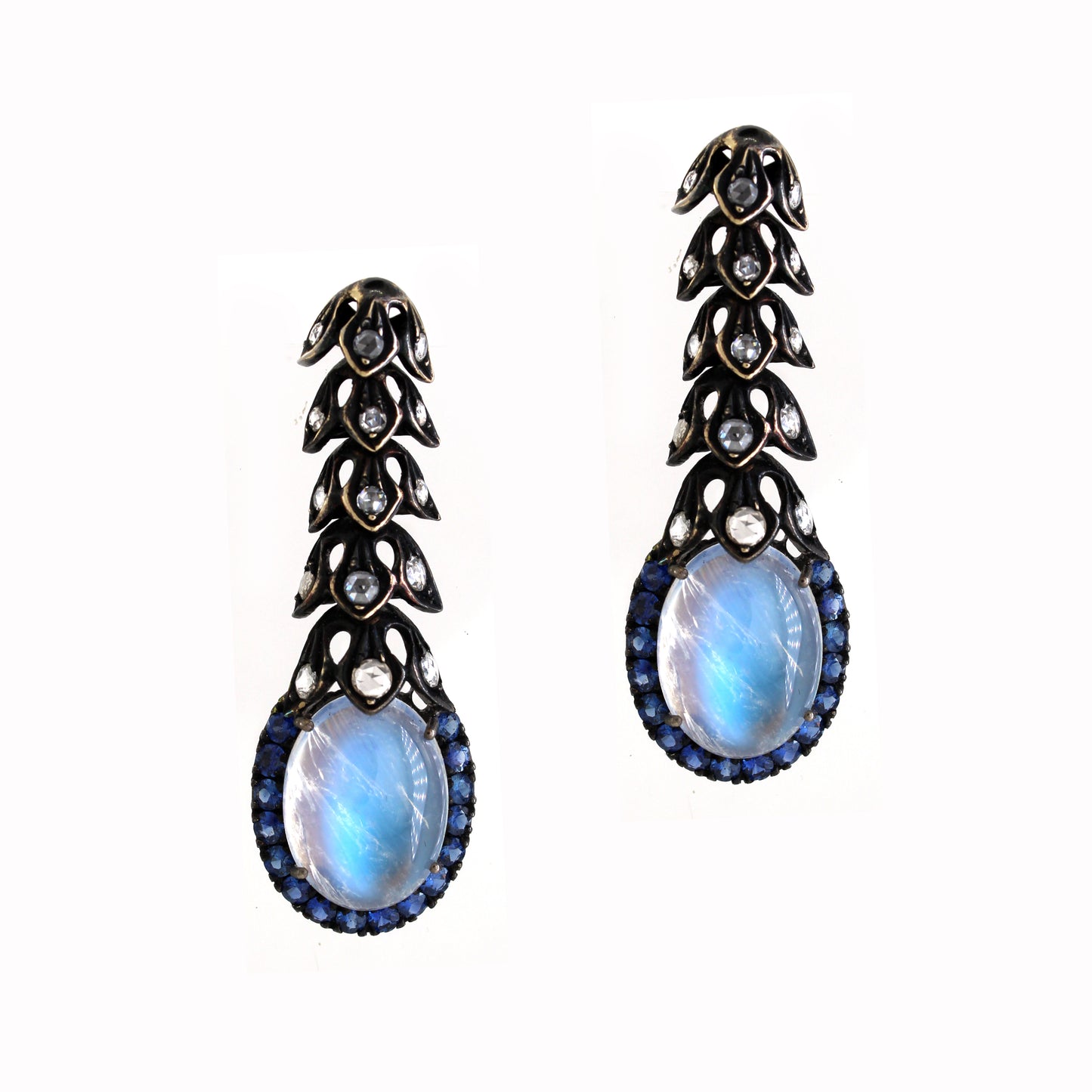 1.37 ct Oval Moonstone with Sapphire and White Diamond Earrings in 14K Gold