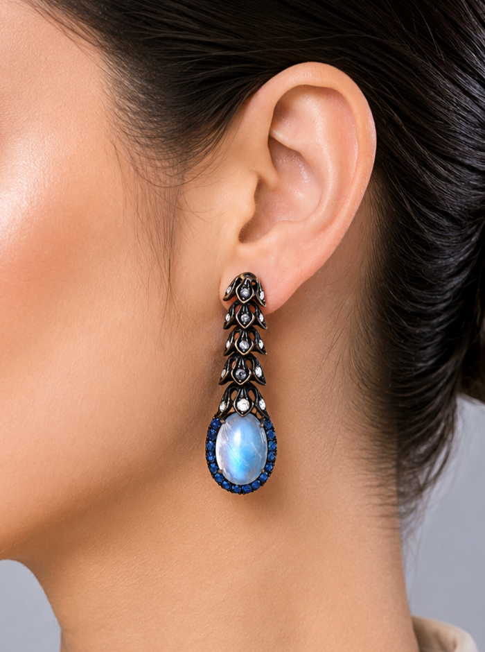 1.37 ct Oval Moonstone with Sapphire and White Diamond Earrings in 14K Gold