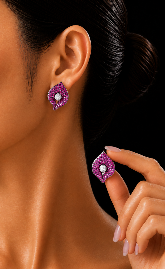 0.32 ct Round Diamond with Round Ruby Earrings in 18K Gold