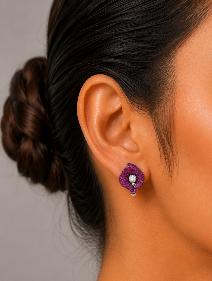 0.32 ct Round Diamond with Round Ruby Earrings in 18K Gold