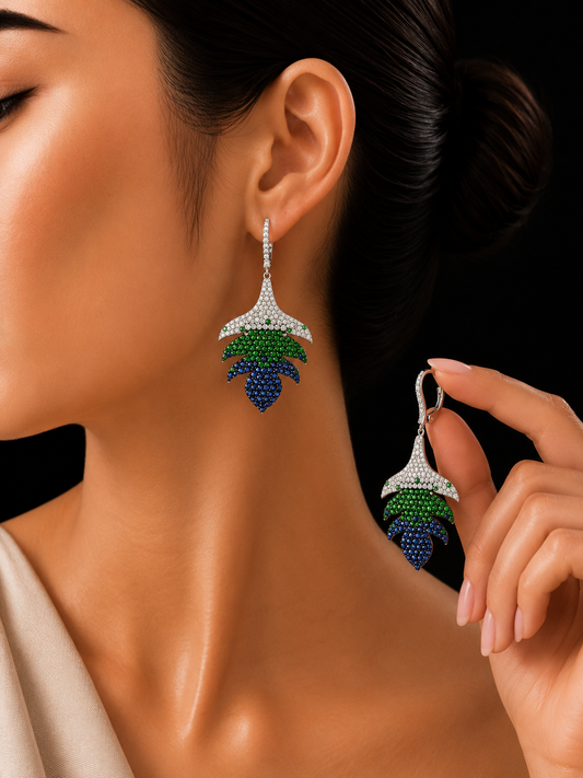 2.43 ct Round White Diamond with Tsavorite and Sapphire Earrings in 18K Gold
