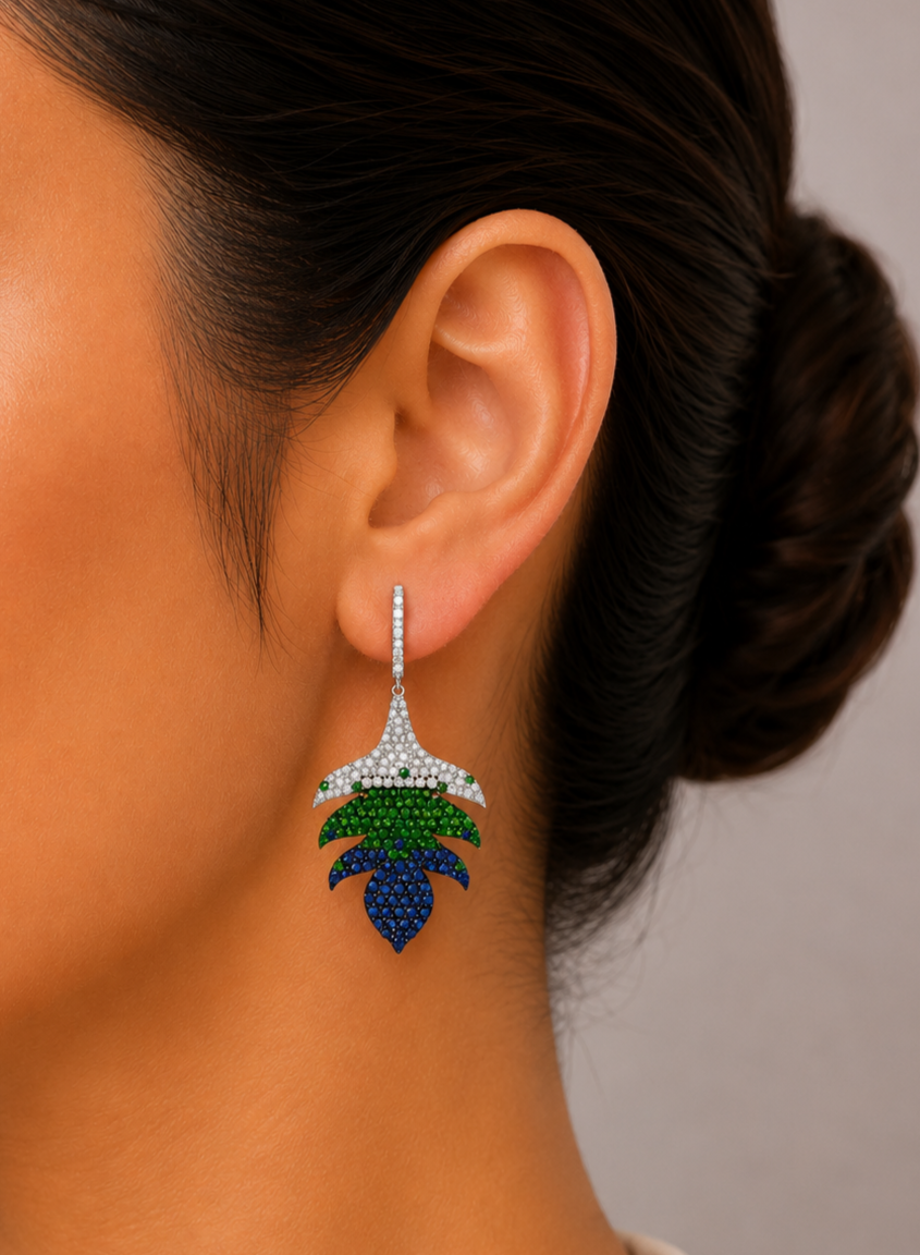 2.43 ct Round White Diamond with Tsavorite and Sapphire Earrings in 18K Gold