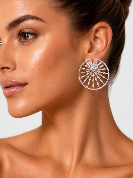 3.5 ct Round White Diamond with Baguette Diamond Earrings in 18K Gold