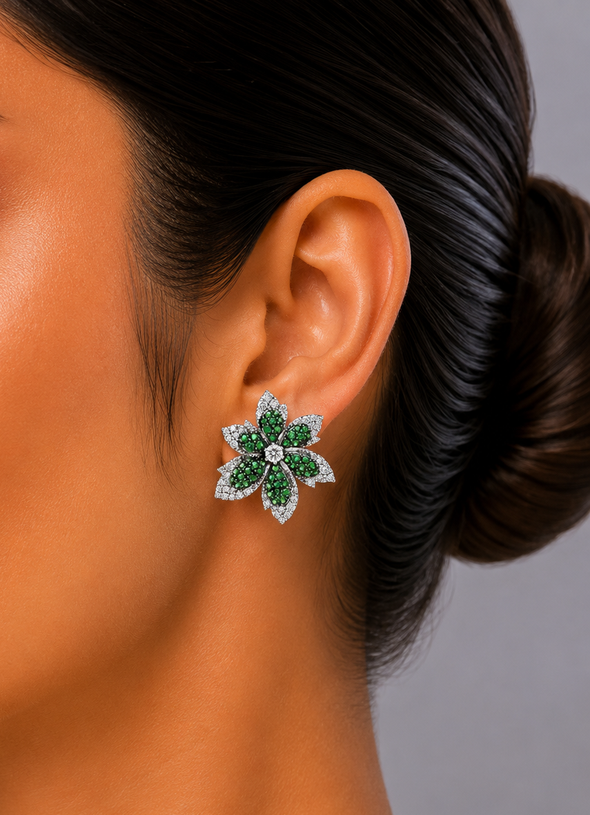 0.95 ct Round Diamond with Round Tsavorite Earrings in 18K Gold