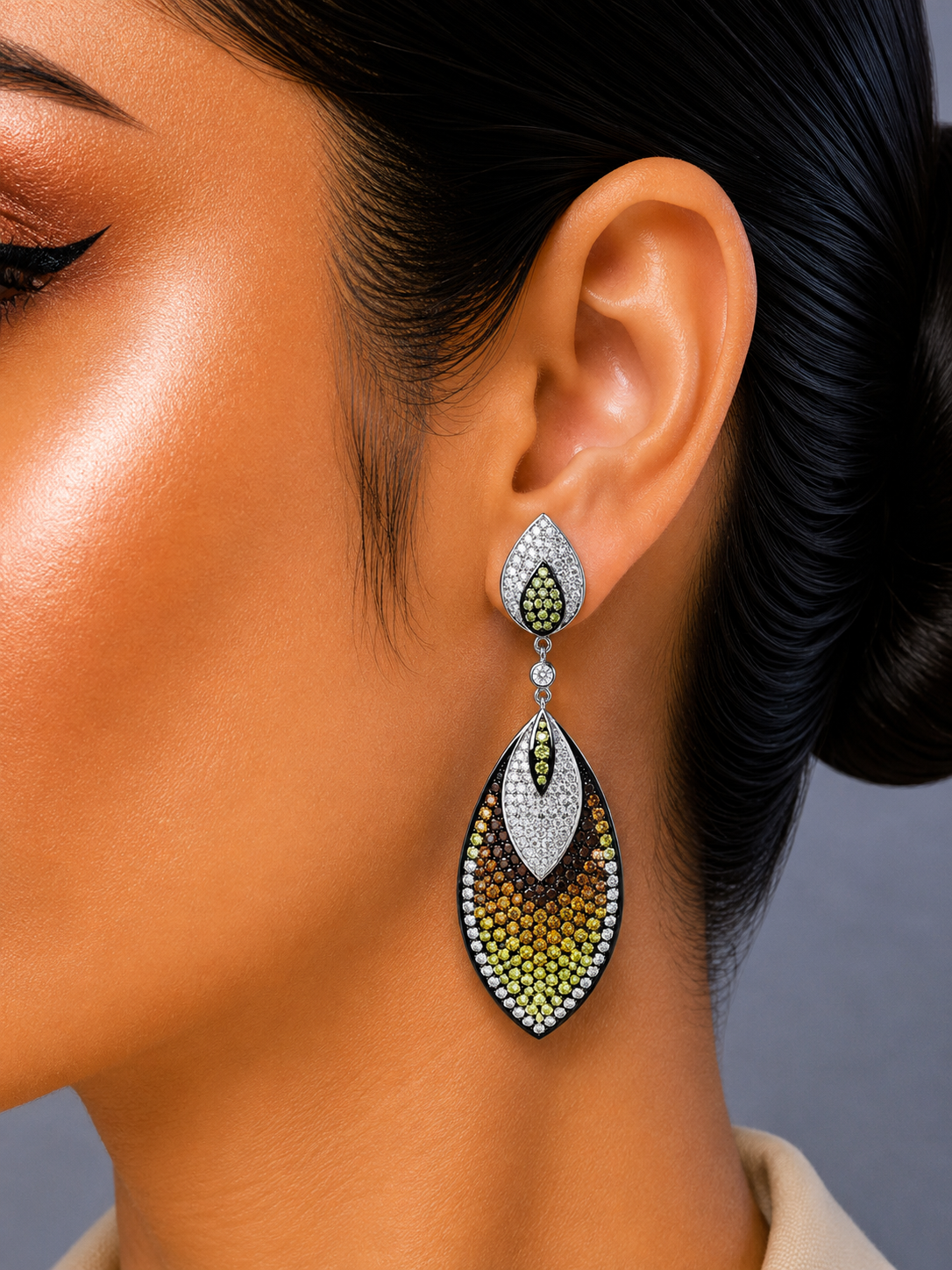 8.27 ct Round White Diamond with Canary and Burnt Orange Diamond Earrings in 18K Gold