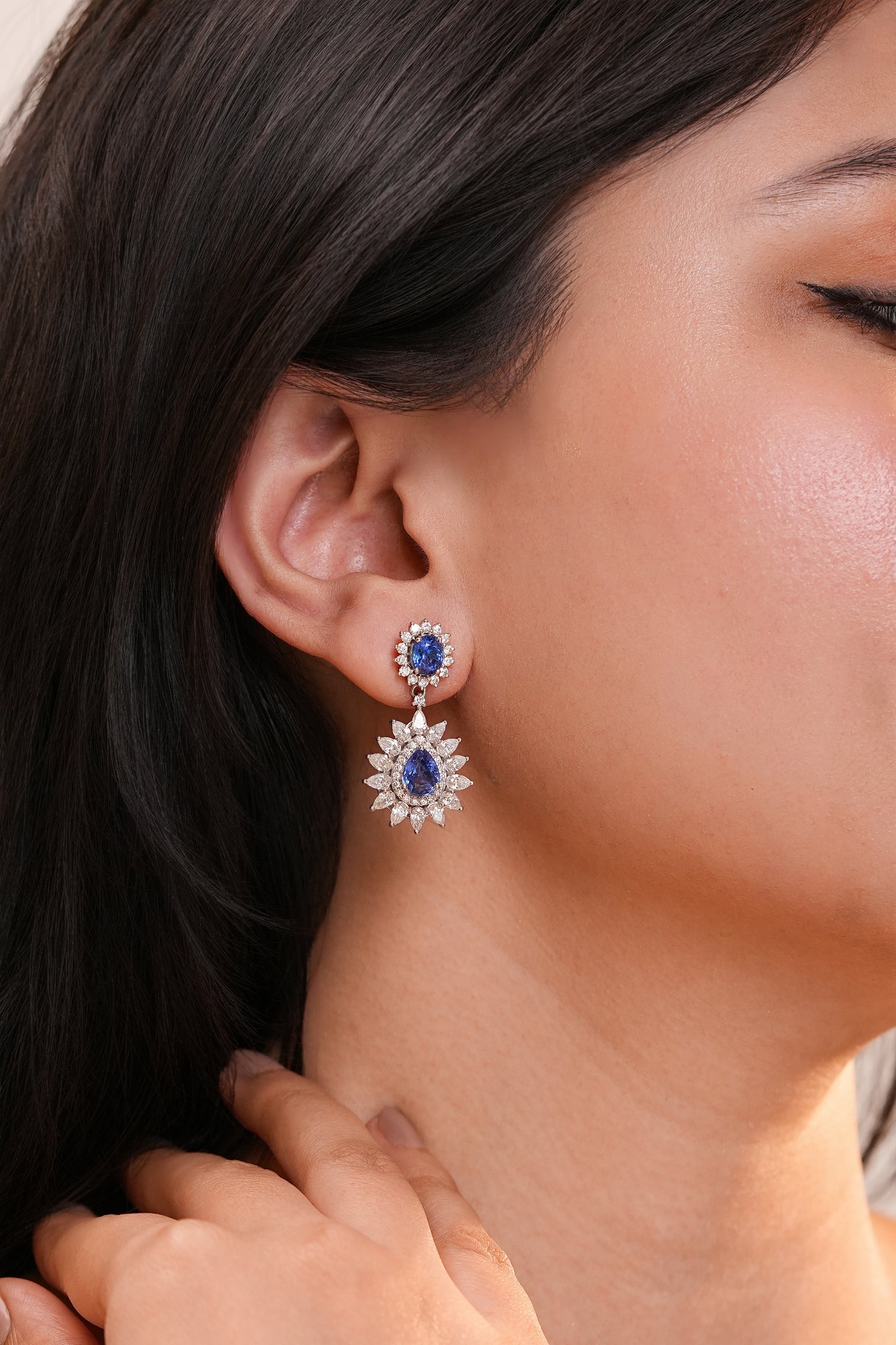 3.43 ct Pear Sapphire with White Diamonds Earrings in 18K Gold