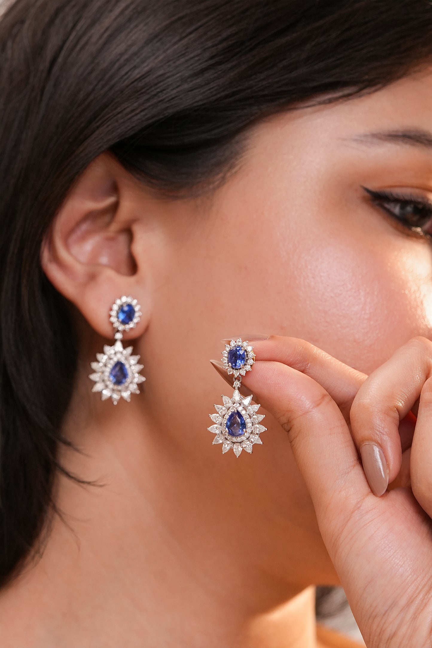 3.43 ct Pear Sapphire with White Diamonds Earrings in 18K Gold