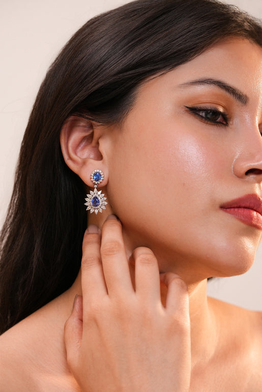 3.43 ct Pear Sapphire with White Diamonds Earrings in 18K Gold