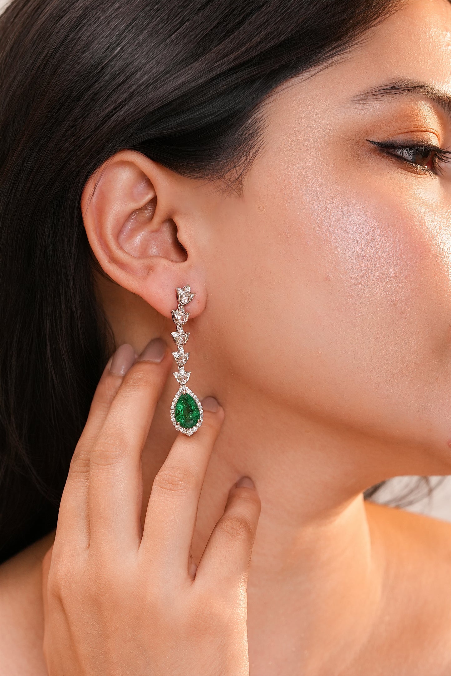 2.01 ct Pear Emerald with White and Rose Cut Diamond Earrings in 14K Gold