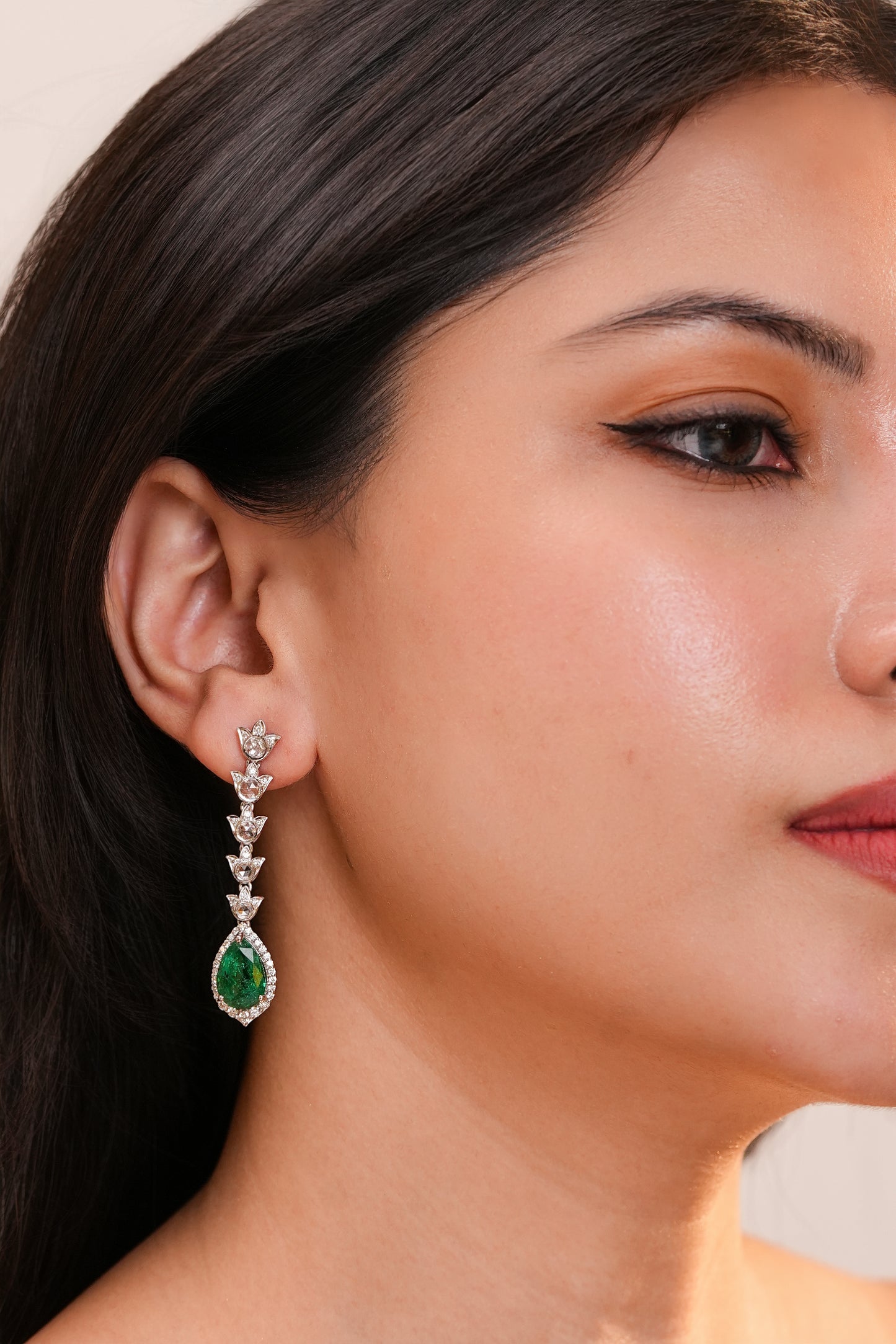 2.01 ct Pear Emerald with White and Rose Cut Diamond Earrings in 14K Gold
