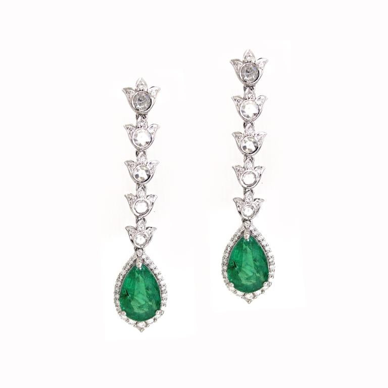 2.01 ct Pear Emerald with White and Rose Cut Diamond Earrings in 14K Gold