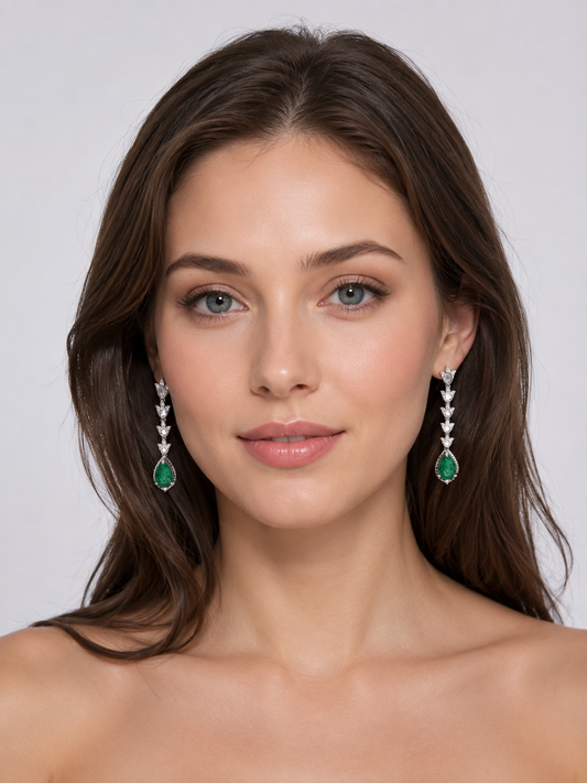 2.01 ct Pear Emerald with White and Rose Cut Diamond Earrings in 14K Gold