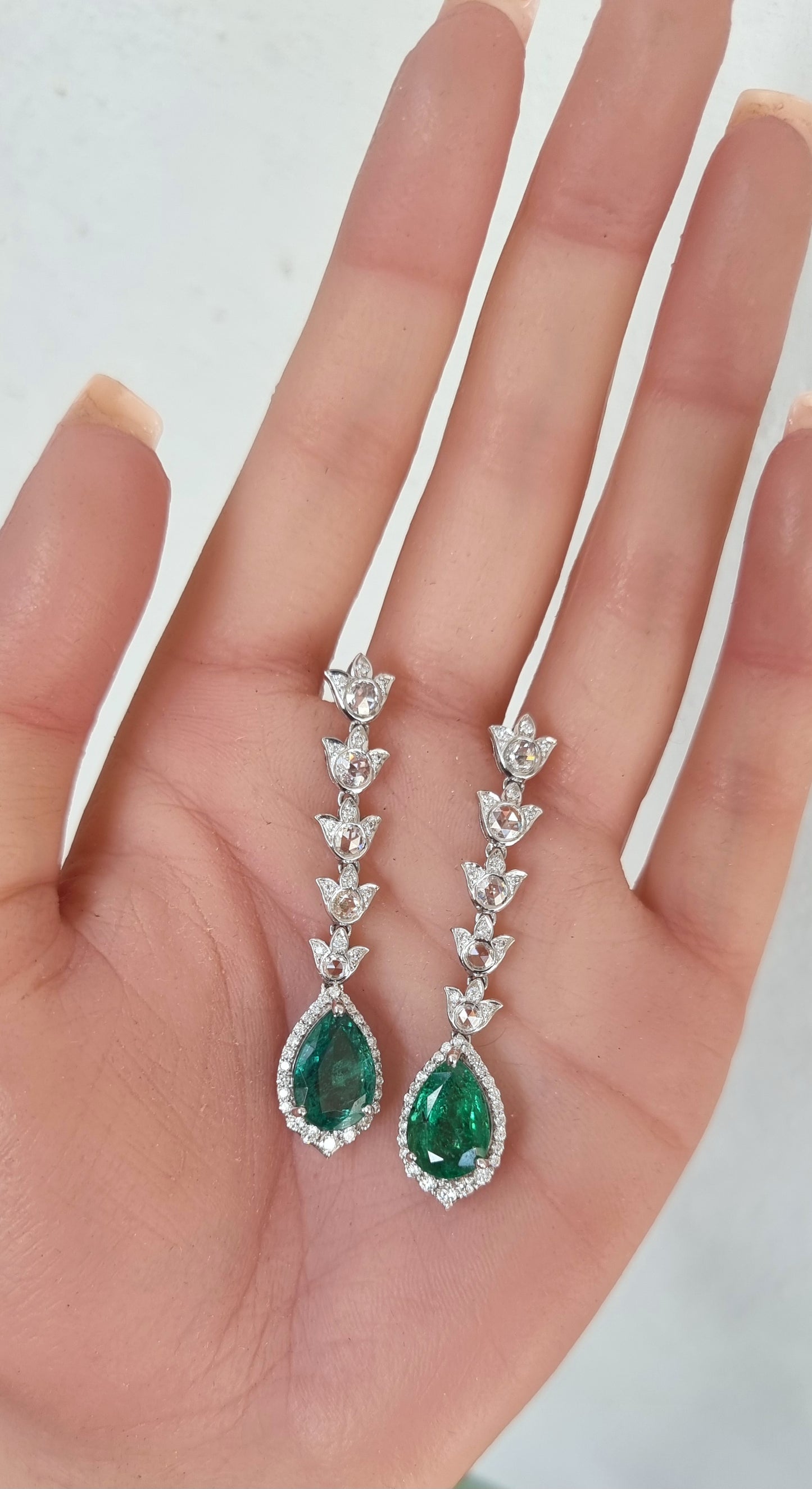 2.01 ct Pear Emerald with White and Rose Cut Diamond Earrings in 14K Gold
