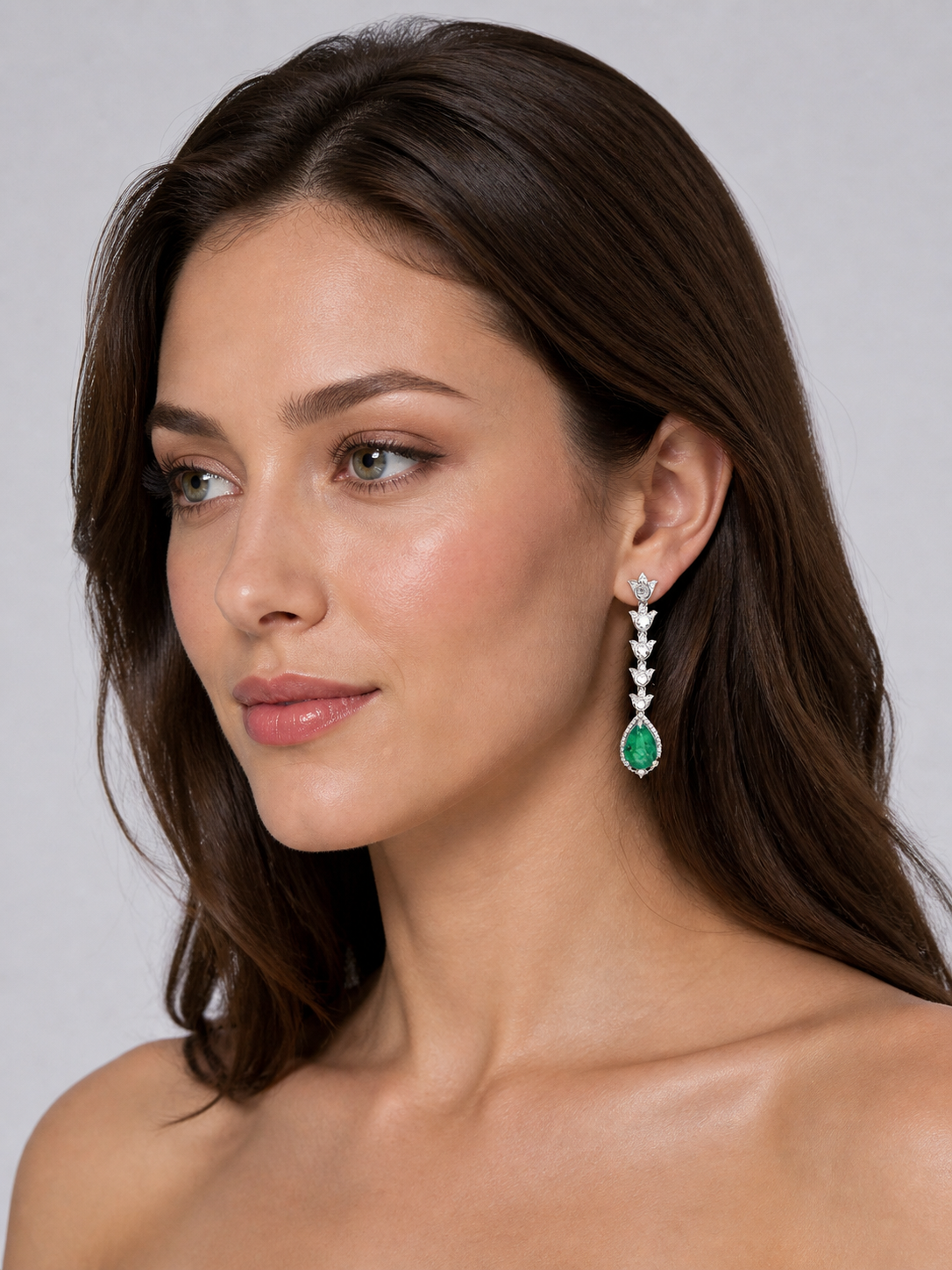 2.01 ct Pear Emerald with White and Rose Cut Diamond Earrings in 14K Gold