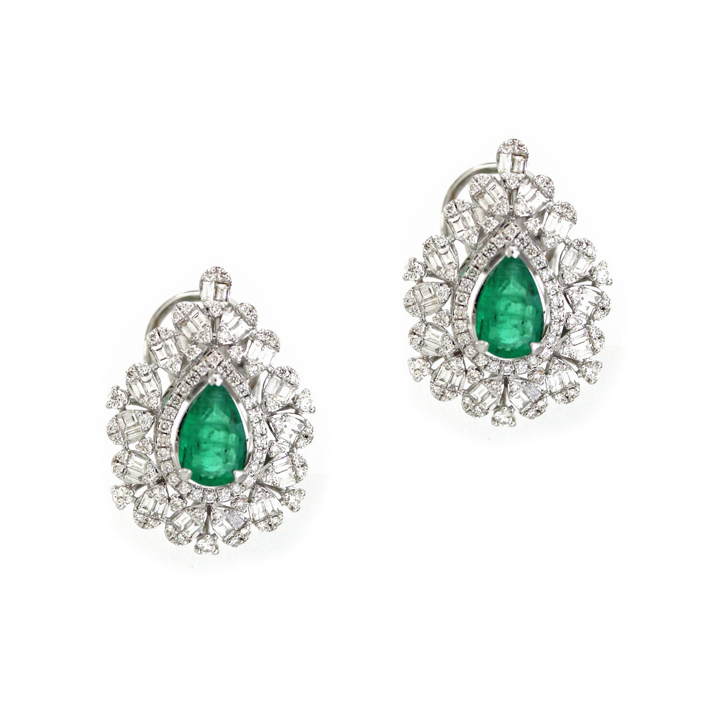 2.09 ct Pear Emerald with White Diamond Earrings in 14K Gold