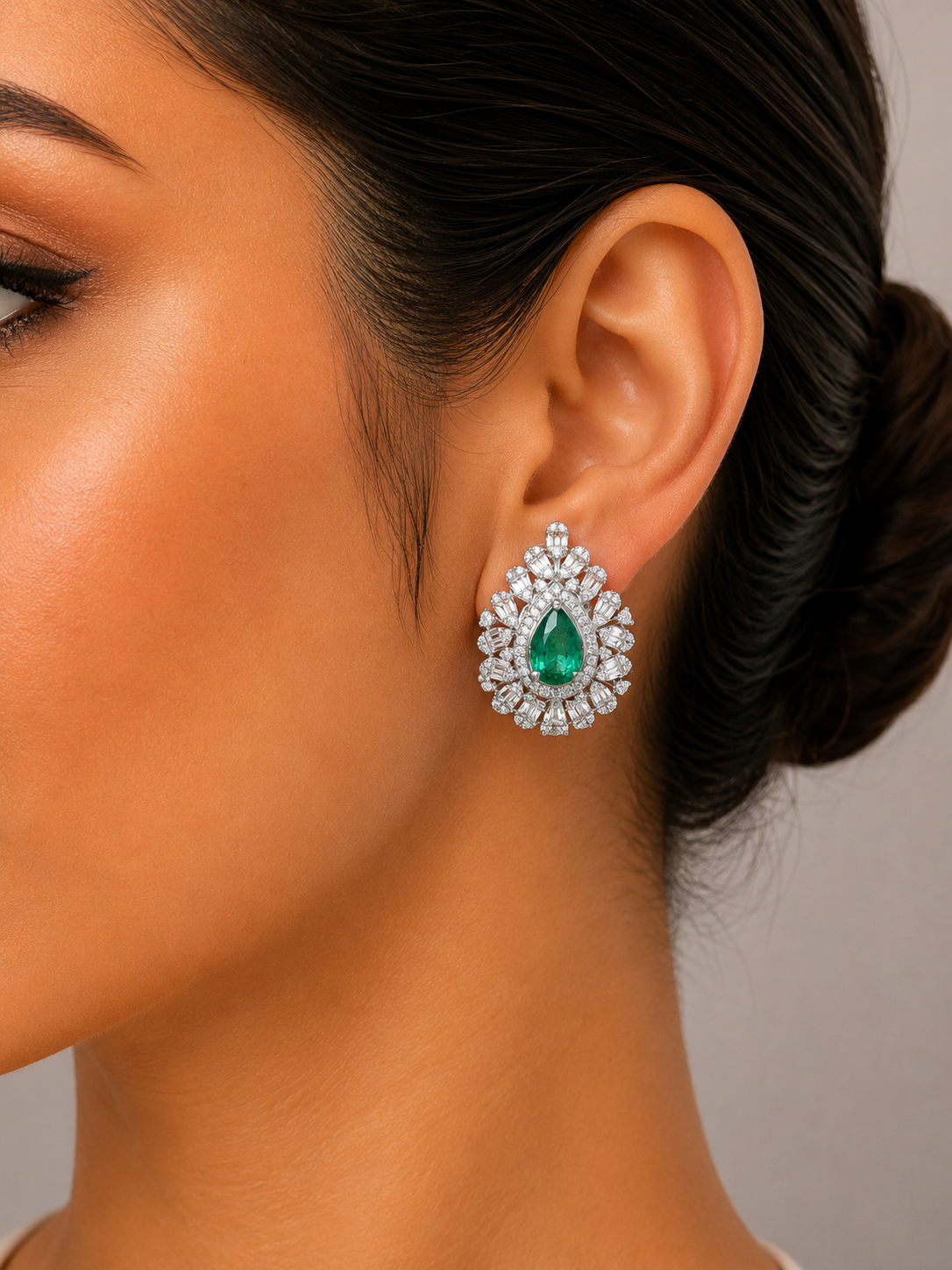 2.09 ct Pear Emerald with White Diamond Earrings in 14K Gold