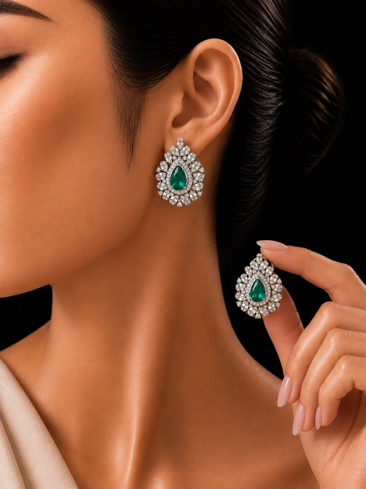 2.09 ct Pear Emerald with White Diamond Earrings in 14K Gold
