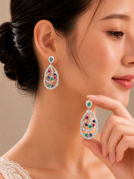 1.3 ct Pear White Diamond with Emerald Ruby Sapphire Earrings in 18K Gold