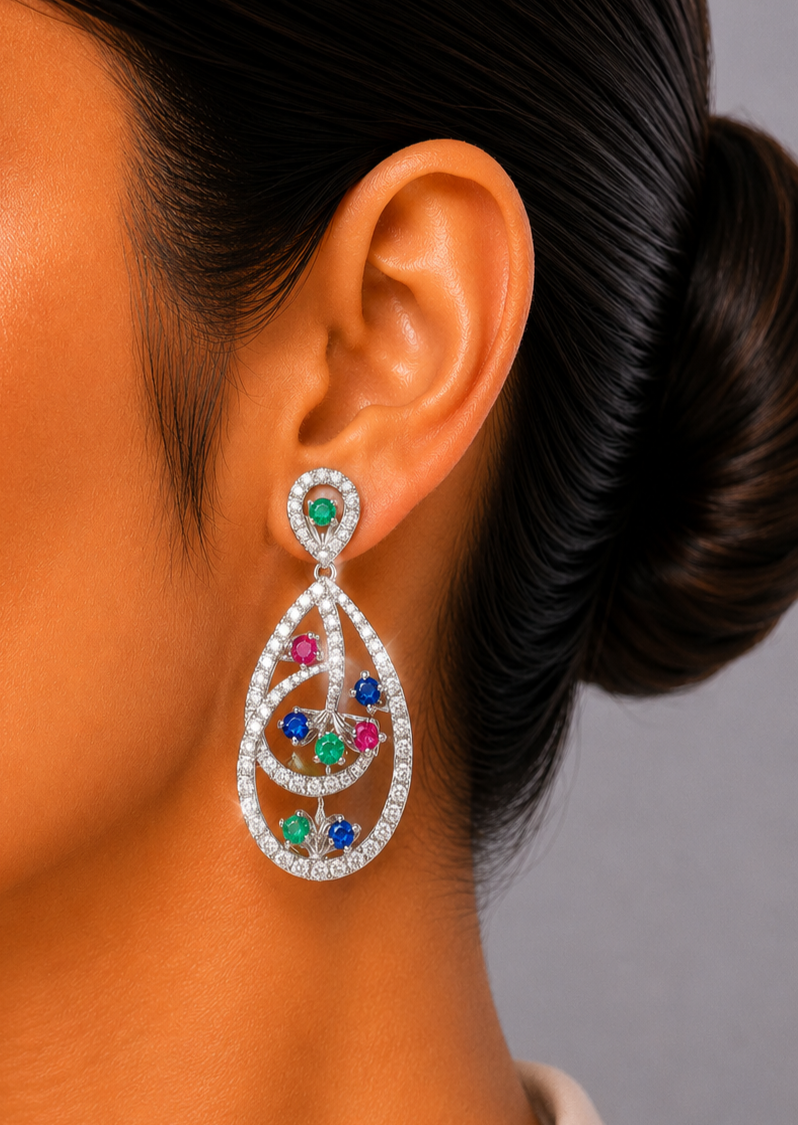 1.3 ct Pear White Diamond with Emerald Ruby Sapphire Earrings in 18K Gold