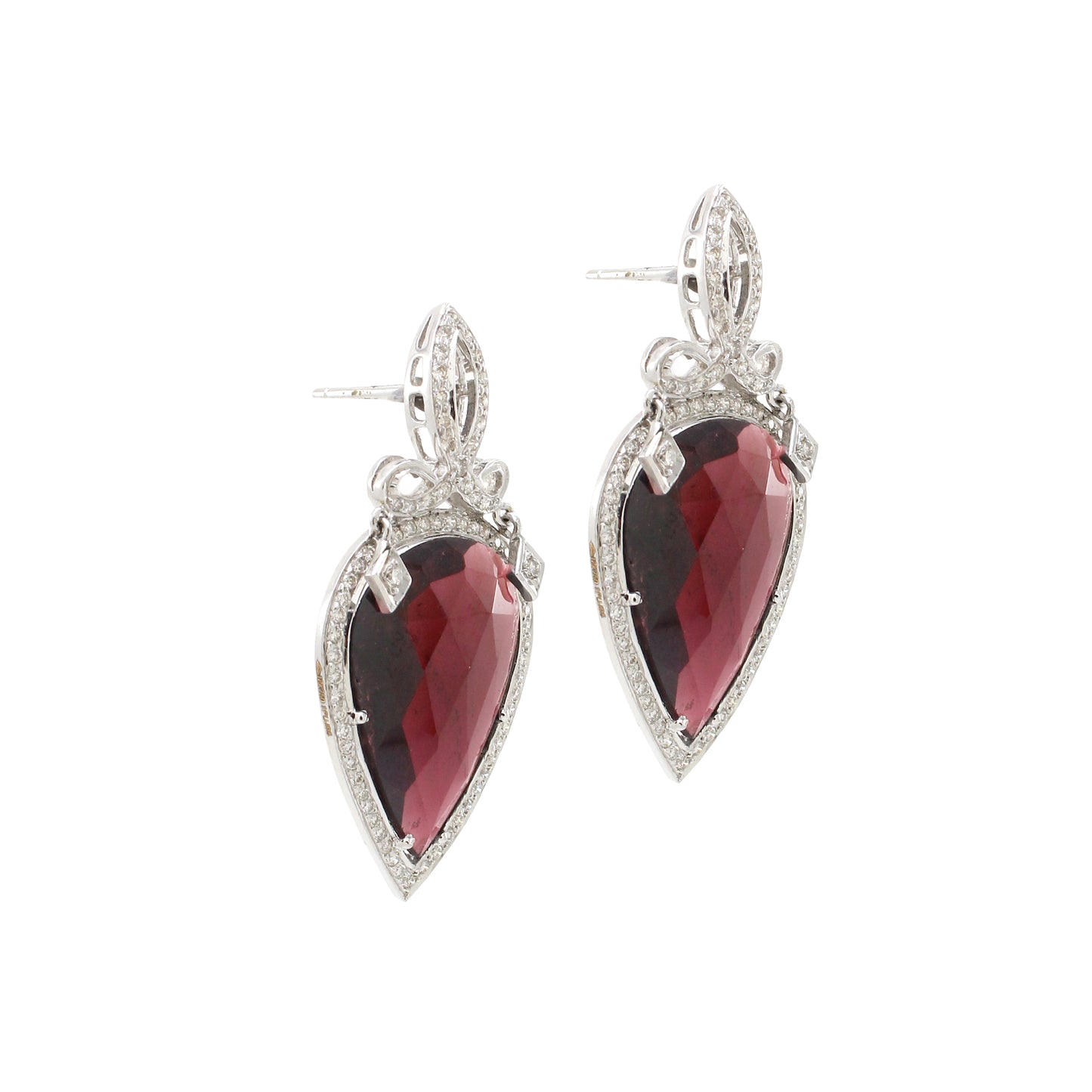 0.61 ct Pear Rhodolite with White Diamond Earrings in 18K Gold