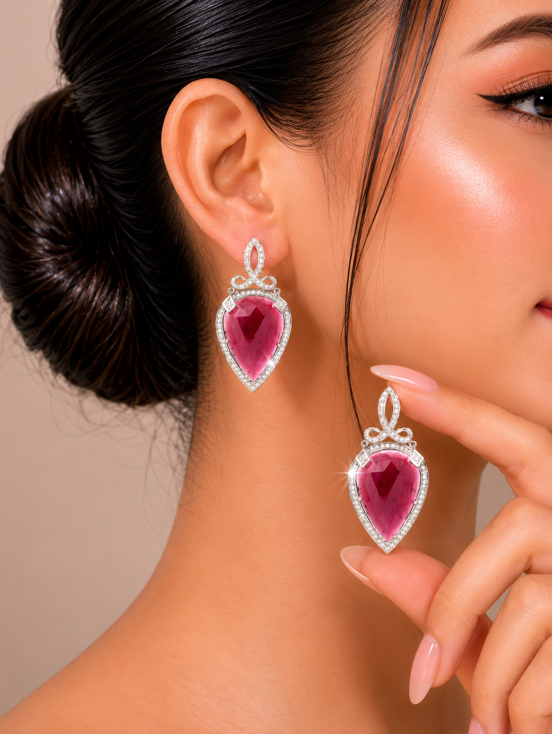0.61 ct Pear Rhodolite with White Diamond Earrings in 18K Gold