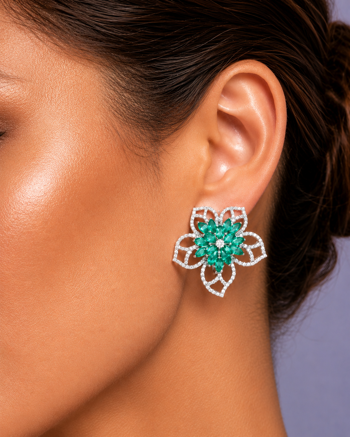 2.19 ct Round Diamond with Marquise Emerald Earrings in 14K Gold