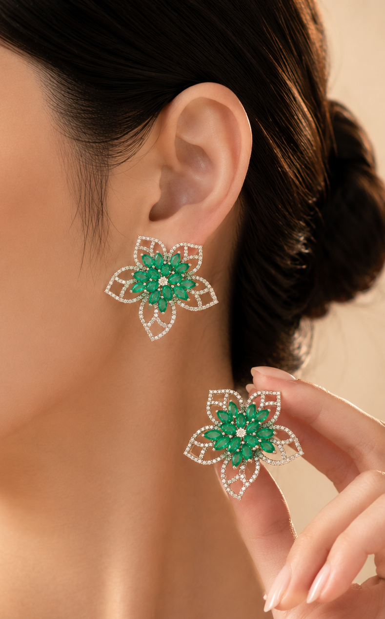 2.19 ct Round Diamond with Marquise Emerald Earrings in 14K Gold