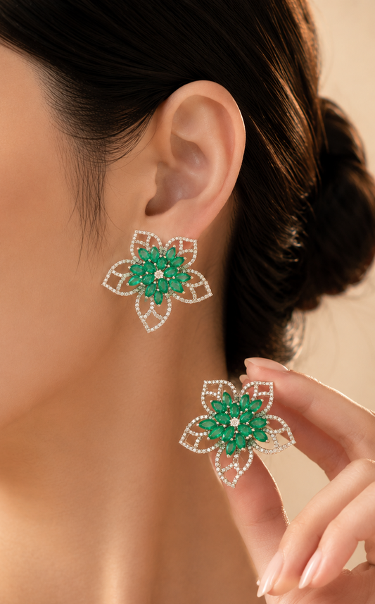 2.19 ct Round Diamond with Marquise Emerald Earrings in 14K Gold