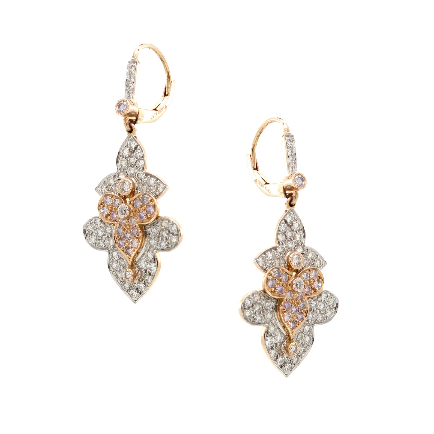 1.82 ct Round Pink and White Diamond with Brunt Orange Earrings in 14K Gold