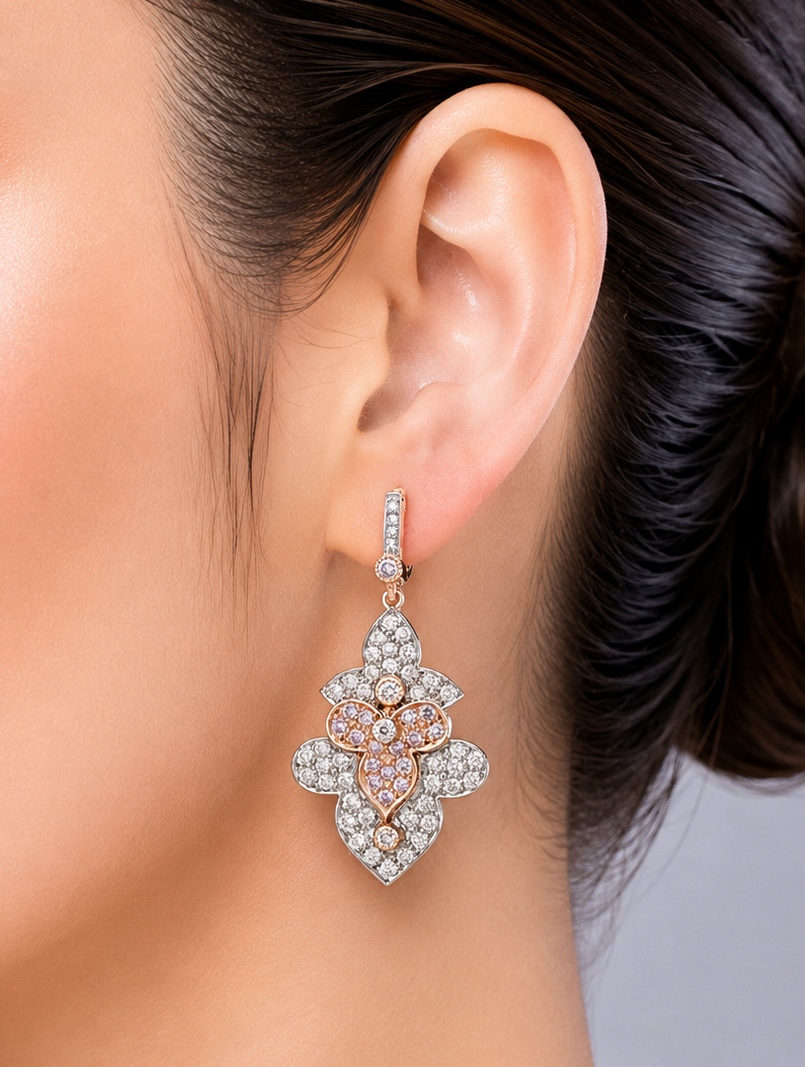 1.82 ct Round Pink and White Diamond with Brunt Orange Earrings in 14K Gold