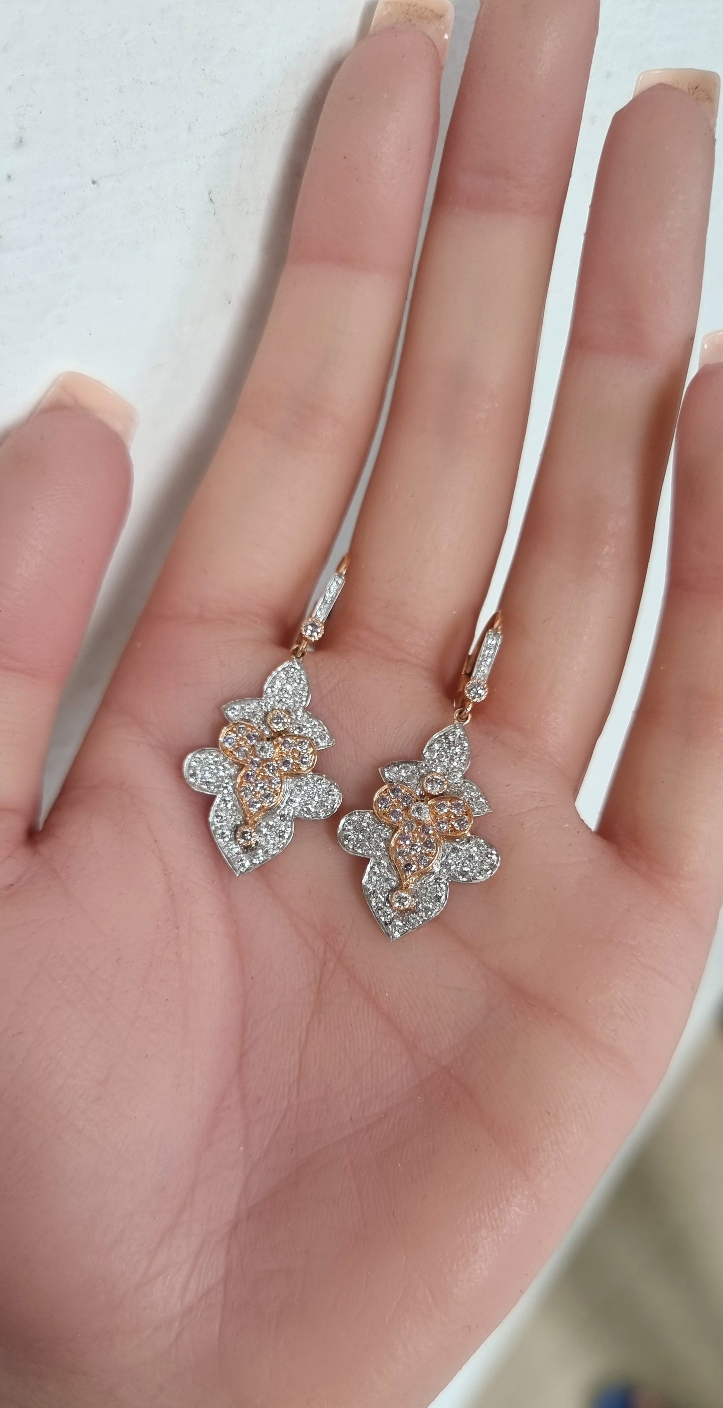 1.82 ct Round Pink and White Diamond with Brunt Orange Earrings in 14K Gold
