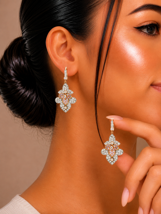 1.82 ct Round Pink and White Diamond with Brunt Orange Earrings in 14K Gold