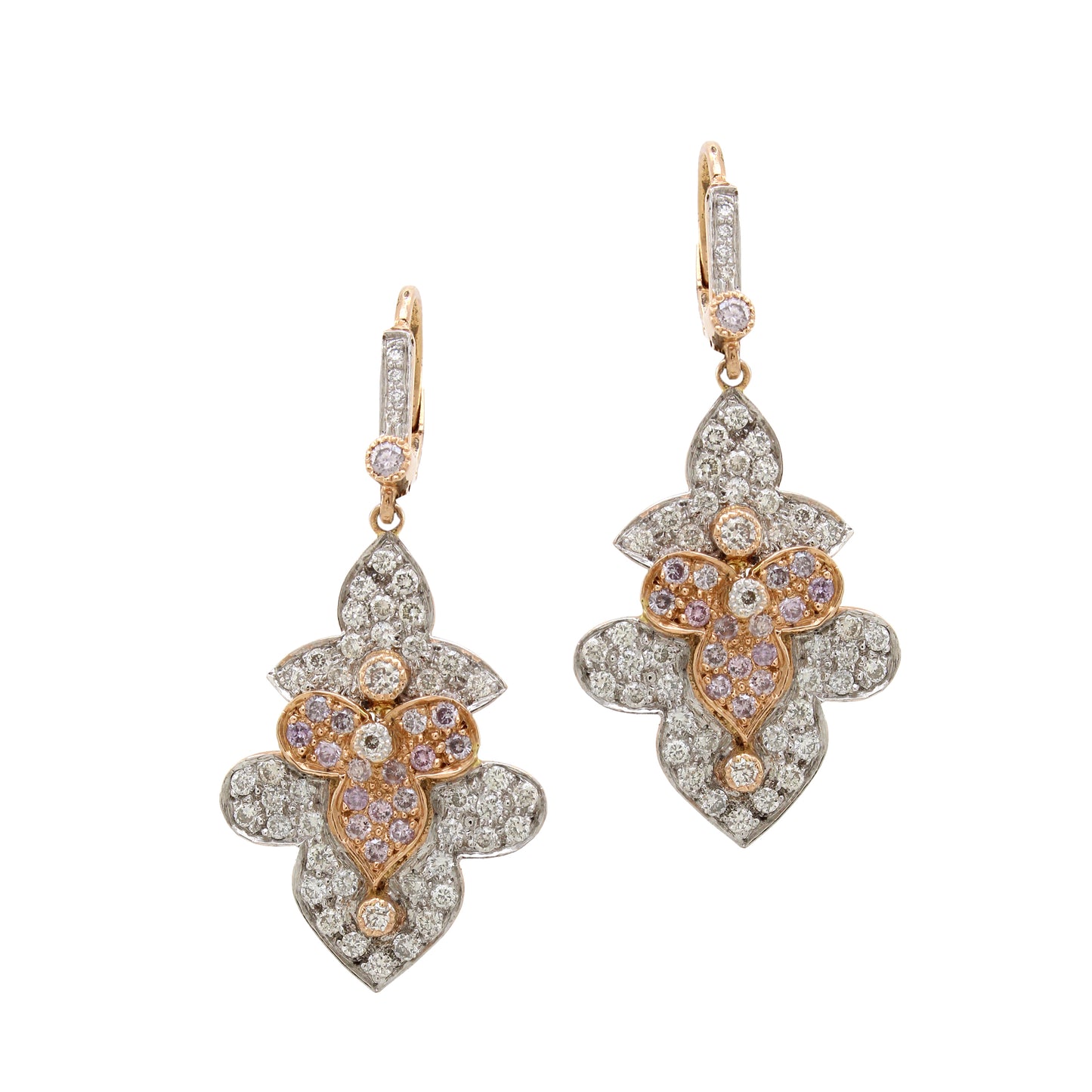 1.82 ct Round Pink and White Diamond with Brunt Orange Earrings in 14K Gold
