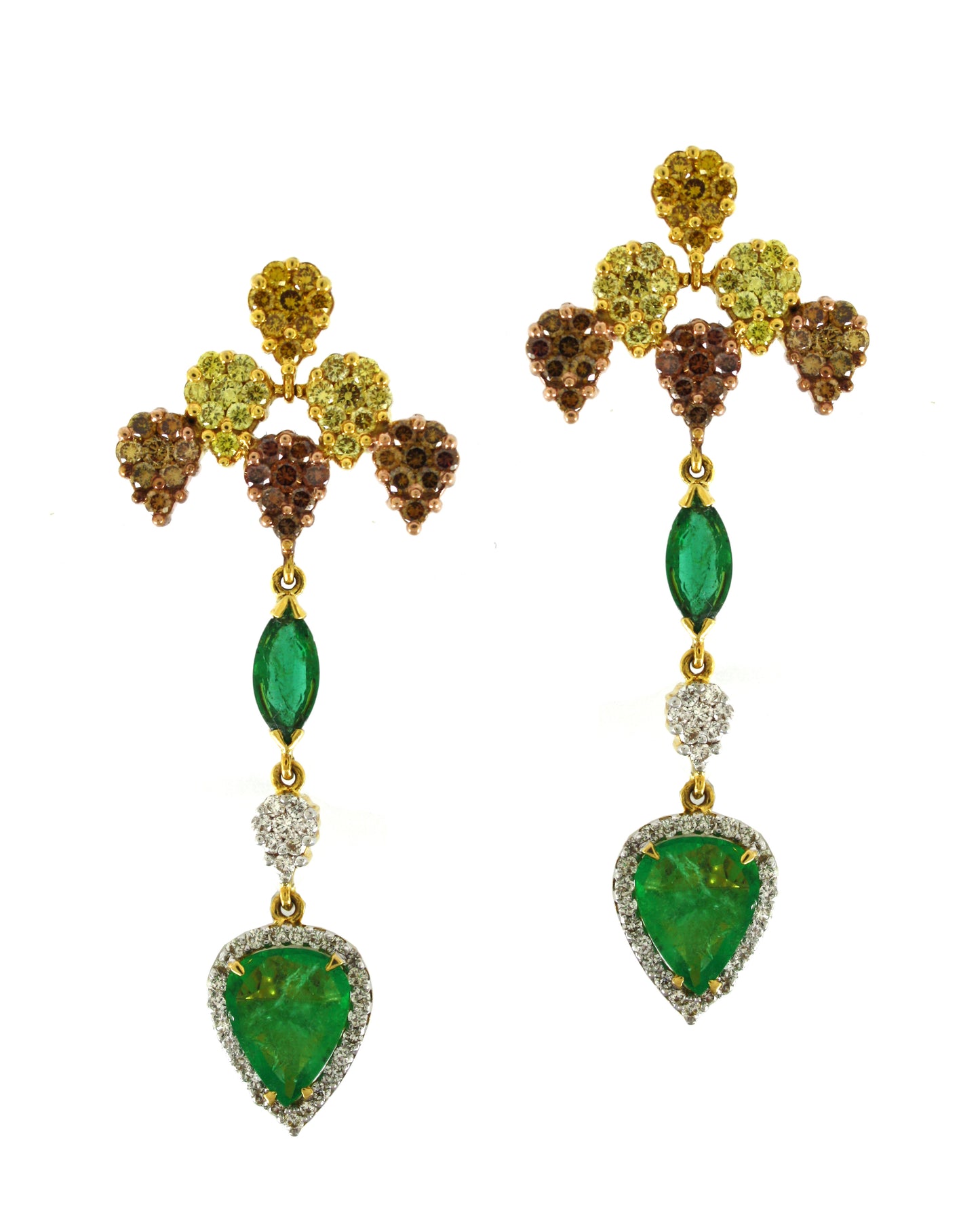 3.17 ct Pear Emerald with White, Canary and Yellow Diamond Earrings in 18K Gold