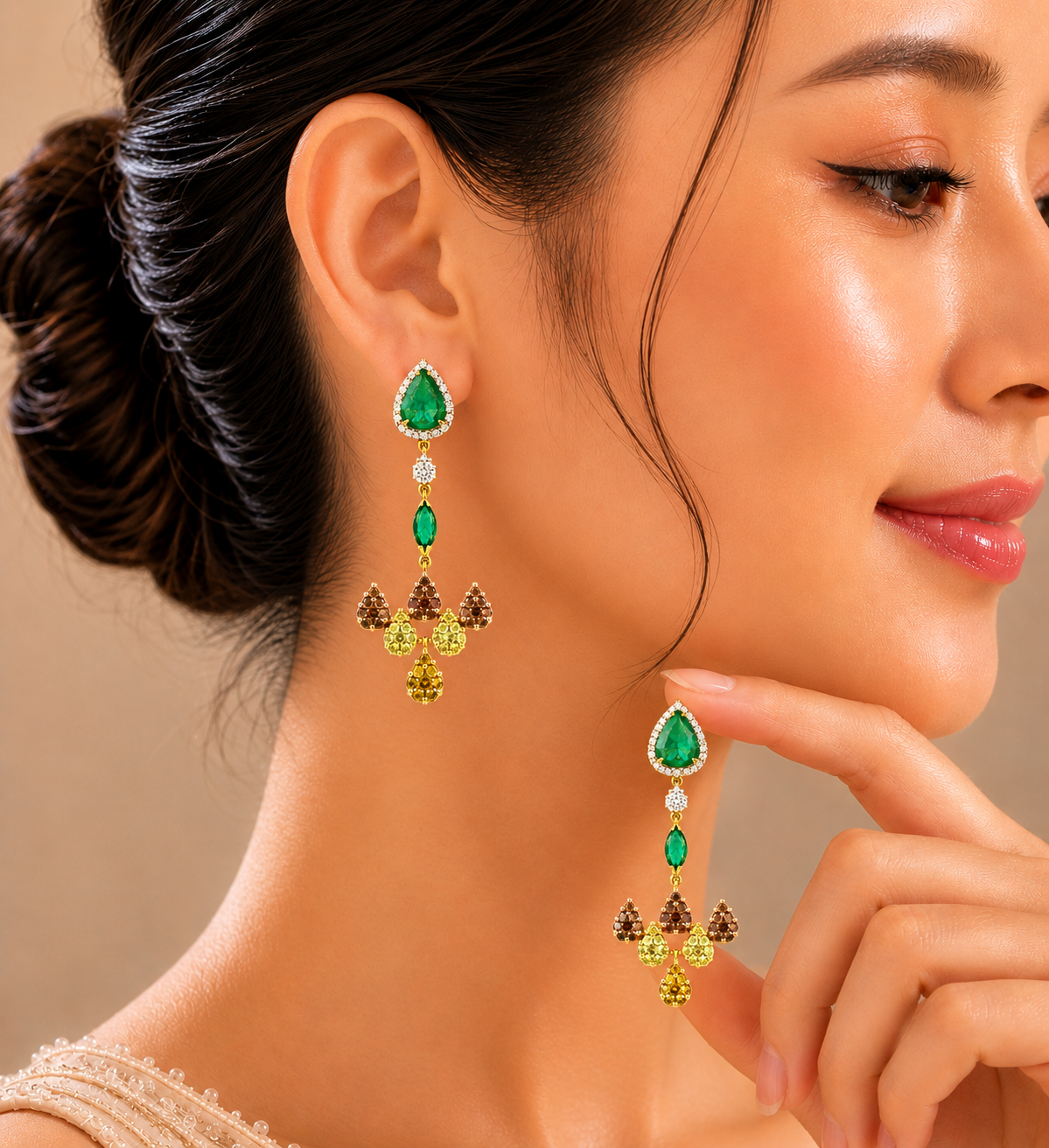 3.17 ct Pear Emerald with White, Canary and Yellow Diamond Earrings in 18K Gold