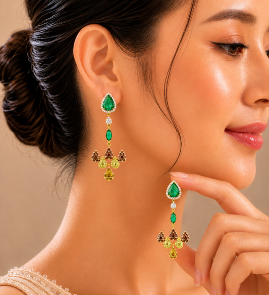 3.17 ct Pear Emerald with White, Canary and Yellow Diamond Earrings in 18K Gold