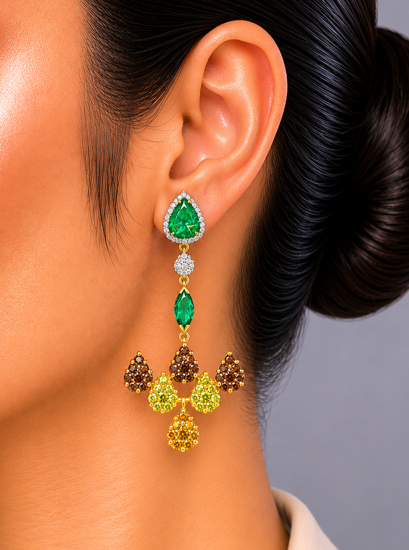 3.17 ct Pear Emerald with White, Canary and Yellow Diamond Earrings in 18K Gold