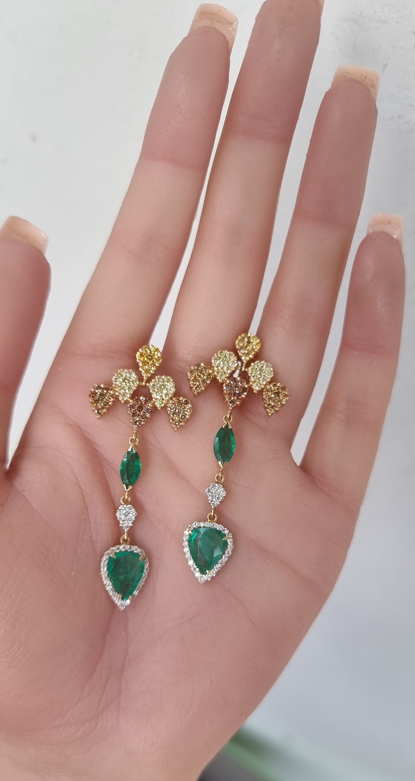 3.17 ct Pear Emerald with White, Canary and Yellow Diamond Earrings in 18K Gold